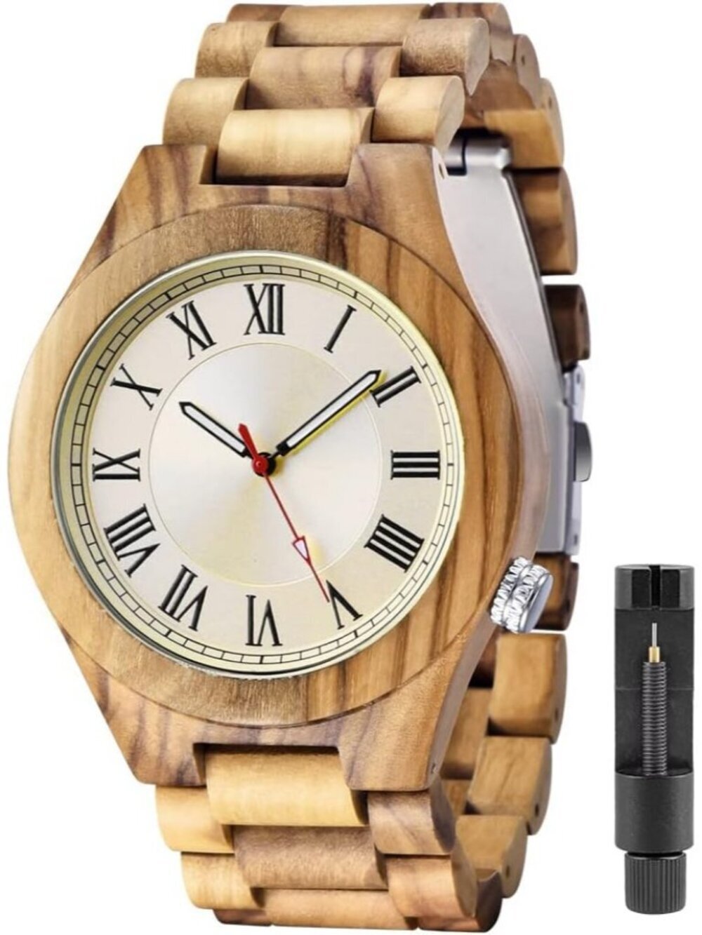Men's White Brown Classic Handmade Round Bamboo Analog Date Quartz Wooden Watch